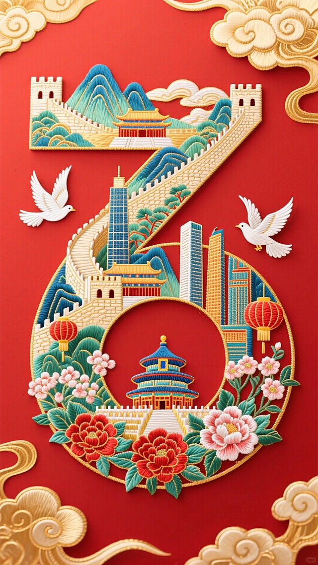 刺绣风国潮设计，红色喜庆背景，融入长城、天坛等元素，大字“75”彰显节日庆典氛围。