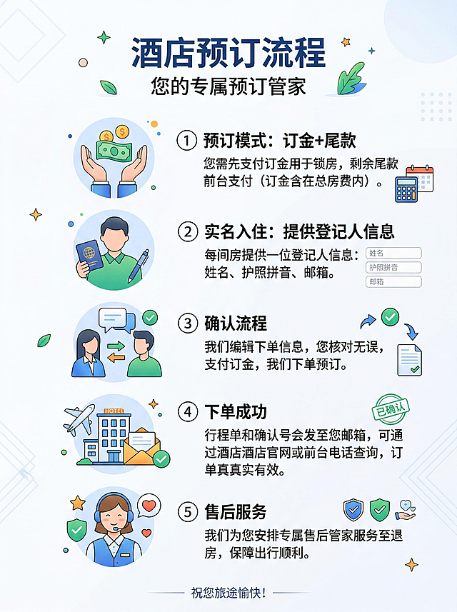 生成一张酒店预订流程图片，包含以下内容：1.预订模式：订金+尾款：您需先支付订金用于锁房，剩余尾款前台支付（订金含在总房费内）；2. 实名入住：每间房提供一位登记人信息：姓名、护照拼音、邮箱；3.确认流程：我们编辑下单信息，您核对无误，支付订金，我们下单预订；4.下单成功：行程单和确认号会发至您邮箱，可通过酒店官网或前台电话查询，订单真实有效；5.售后服务：我们为您安排专属售后管家服务至退房，保障出行顺利。整体风格简约商务，排版清晰易读