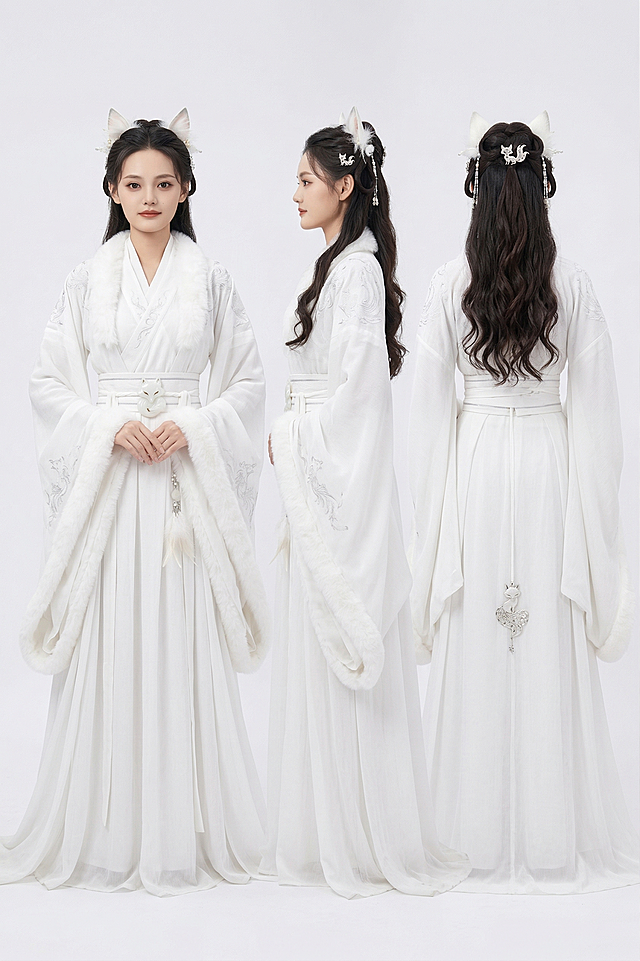 参考图中人物的脸部，生成古风狐妖少女人物三视图，白色背景，人物拥有清冷仙气、温柔灵动、狐妖报恩的温婉气质，人物身着中国古装汉服，白色交领齐腰襦裙，广袖设计，飘逸垂坠感，外层广袖拼接白色绒毛模拟狐毛质感，柔软蓬松，内层为素色棉麻雪纺，透气轻盈，衣身带有细微银线刺绣暗纹，简约不张扬，腰间系多层白色布带收腰，带有狐耳装饰、羽毛等狐妖元素