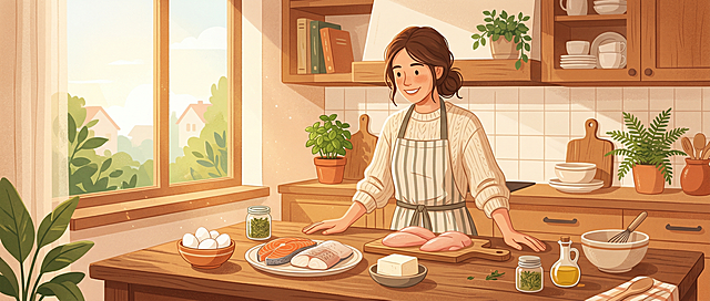 一位年轻女性站在厨房料理台前，面前摆放着鸡蛋、鱼肉、豆腐和鸡胸肉，表情轻松满足，柔和的晨光从窗户洒入，暖色调扁平插画风格