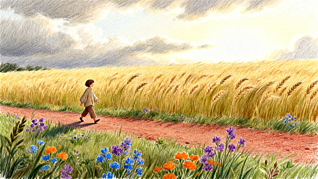 乡野绘本风格，彩铅手绘风，几米绘本质感，带有粗糙纸张颗粒感，色彩温暖怀旧，慢生活温情氛围。乡间小路旁是金黄麦田，路边开满各色野花，一位穿着宽松棉麻衣服的人正在散步，人物小小的很生动。色调偏暖黄、橄榄绿、陶土红，压低地平线，展现辽阔治愈的天空，16:9构图