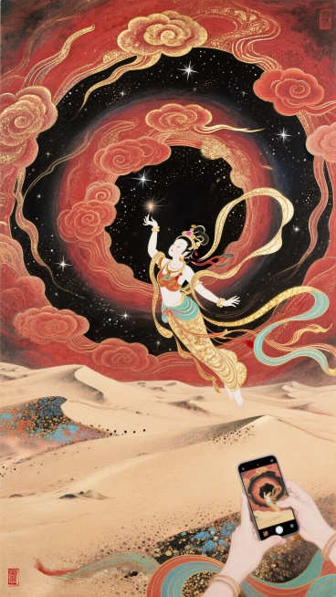 极致的仰视视角超强纵深透视，螺旋环绕构图，祥云环绕贯穿整个画面，沙漠夜空中，嫦娥呈敦煌飞天姿势从远处向红色调的星空飞去，沙漠里的人震惊这神奇的一幕，许多人举起手机拍摄这一幕预览效果