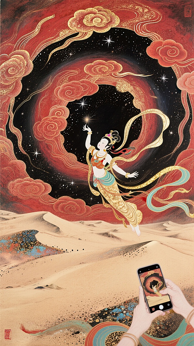 梦幻古典中式工笔风，飞天舞姿鎏金闪耀，虚拟现实超现实主义融合，星河璀璨。