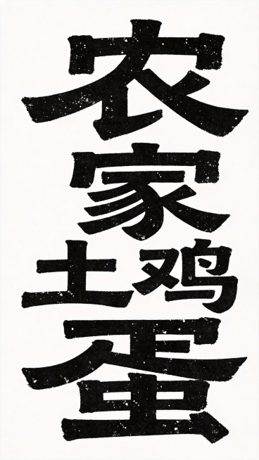 干净的纯白色背景。平面艺术字体设计，文字内容是“农家土鸡蛋”，创意字体设计，朴实拙趣，手写粗笔画复古黑体风格，粗体块状设计，笔触两端平直，笔画边缘不规则，带有明显颗粒感、磨损和斑驳做旧效果，呈现复古沧预览效果