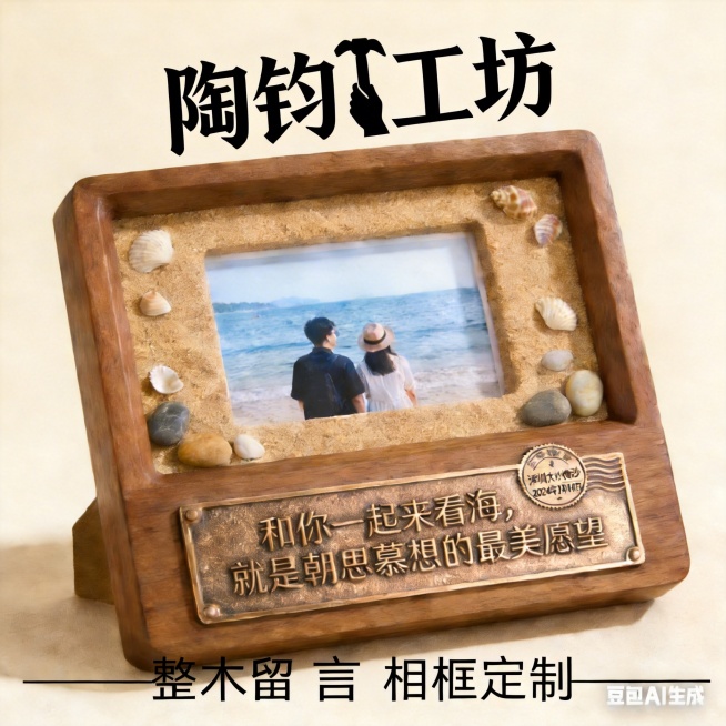 将图中“工”字上面一横替换为锤子的剪影，中间的竖替换为手的剪影，把相框下面一排文字改为“整木留言相框定制”预览效果