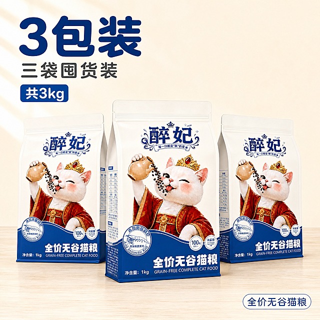 [主图-3] 3包装规格展示，唯一任务是清晰展示3袋猫粮的组合形态，突出3包装规格，传递多袋囤货感。
[统一基调] 拼多多风格，大字直白、性价比感、囤货划算感；整体背景为暖米白色带轻微木纹台面，主色取自产品包装蓝白配色，强调色为深蓝色，卡片用白色圆角矩形，图标用圆润线性风格，标题用圆润粗黑体，辅助文字用常规圆体，字号层级分明。
[画面] 画面中心展示3袋醉妃全价无谷猫粮，呈品字形排列：中间一袋靠前站立，左右两袋略微靠后并稍向外倾斜，三袋均正面朝向观众。每袋产品外观、颜色、图案、文字与参考图完全一致：白色袋身、蓝色底部、戴皇冠穿红衣的白猫形象、"醉妃"品牌名、"全价无谷猫粮"字样、"净含量1kg"标识均完整保留。三袋产品整体占画面约65%。上方或左侧负空间放置大标题和规格说明。背景为干净的暖米白渐变，左上角有柔和窗光效果。
[光影质感] 商业摄影质感，主光从左上45度照射，每袋产品右侧有柔和阴影，袋身有自然的曲面明暗过渡，体现包装袋的真实材质感，底部接触阴影柔和自然，袋与袋之间有轻微的互相投影，层次分明，无悬浮感。
[配色] 主背景暖米白色，辅助色浅木色，强调色深蓝色（取自产品包装），标题字深蓝色，辅助文字深灰色，卡片白色带浅灰边框，整体色调统一在蓝白米色系，不出现其他主色。
[文字版式] 左上区域放置主标题"3包装"，字体为圆润粗黑体，深蓝色，字号大。主标题下方放副标题"三袋囤货装"，字体稍小，深灰色。再下方放"共3kg"，用圆角小卡片承载，蓝底白字。底部右侧放"全价无谷猫粮"小字标注。所有文字横排，清晰可读，不遮挡产品主体。文字中不得出现任何平台名称、极限词、功效类表述、健康相关字眼。
[输出要求] 比例1:1，产品清晰不变形，文字清晰锐利，画面干净不杂乱。负向：禁止出现拼多多/淘宝/天猫等平台名称，禁止出现"最""顶级""第一""爆款""首选"等极限词，禁止出现健康/功效/医疗相关表述，禁止杜撰产品信息，禁止产品变形、错字、模糊、水印、多余元素。