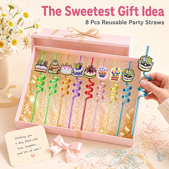 [主图-3] Birthday Cake Spiral Straws Set 礼物图 礼品包装+送礼场景。
[统一基调] 马卡龙粉+奶油白+浅金色生日派对色调，柔和自然光，整体明亮温馨，通透干净，商业摄影质感，字体为圆润无衬线粗体，标题字色深粉色，辅助字色暖灰色，卡片为奶油白底圆角设计。
[画面] 画面主体是一个精美的马卡龙粉色礼品盒，盒盖打开，里面整齐摆放着8支不同颜色的生日蛋糕螺旋吸管，用金色丝带和薄纸衬托。礼品盒旁边有一张手写贺卡、一个小蝴蝶结和彩色碎纸丝。背景是浅奶油色桌面，左上角有一束小雏菊作为点缀。右侧有一只欧美女性的手正轻轻拿起一支吸管，展示礼物的精致感。产品外观、颜色、蛋糕装饰牌造型与参考图完全一致。
[光影质感] 柔和自然光从上方照射，礼品盒有自然的立体感，吸管表面有光泽反射，蛋糕装饰牌有硅胶立体质感，整体画面温馨有礼物感。
[配色] 主色调马卡龙粉+奶油白+金色点缀，背景浅奶油色，整体温暖精致。
[文字版式] 画面上方大标题 "The Sweetest Gift Idea" 深粉色圆润粗体大字，下方小字 "8 Pcs Reusable Party Straws" 暖灰色。文字放在画面上方负空间，不遮挡礼品盒主体。
[输出要求] 比例1:1，2048x2048，文字清晰可读，产品清晰不变形，手部自然正常。负向：变形、错字、模糊、杂乱、水印、平台Logo、多余手指、手部畸形。