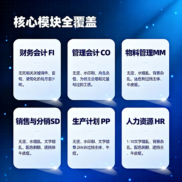 [主图 2] SAP全套教程大纲亮点展示主图；
[氛围风格] 专业学术质感，清爽明亮，高科技商务氛围，和主图1风格统一；
[画质] 商业设计质感，光线柔和通透，文字清晰，画面干净高级；
[元素] 深蓝色科技渐变背景和主图1保持一致，细网格加微光点点缀；画面主体为2行3列信息卡矩阵，每个圆角浅白色信息卡带有轻投影，卡片内包含模块名称关键词和短句介绍，清晰列出六大核心模块：财务会计FI、管理会计CO、物料管理MM、销售与分销SD、生产计划PP、人力资源HR；整体构图饱满，信息清晰不拥挤，商品信息占比70%；
[光影] 整体光照均匀明亮，卡片有自然轻微阴影增加层次感，科技光点柔和点缀，无死黑和过曝区域；
[配色] 主色调深蓝色背景，浅白色卡片，深蓝色文字，保持高对比清晰可读性，和首图配色方案完全统一；
[视角构图] 中心对称构图，信息矩阵整齐排列，间距统一对齐工整；
[文字版式] 顶部居左主标题 "核心模块全覆盖" 白色大号粗体；下方6张信息卡片整齐排列，每个卡片内顶部为深蓝色加粗模块名称，下方为深蓝色小字功能描述；文字清晰，对比分明，不遮挡主体；
[比例分辨率] 1:1 比例，2k 分辨率，文字清晰锐利，超高清；
[负向提示词] 变形，水印，文字错乱，背景杂乱，配色刺眼，遮挡主体，牛皮癣