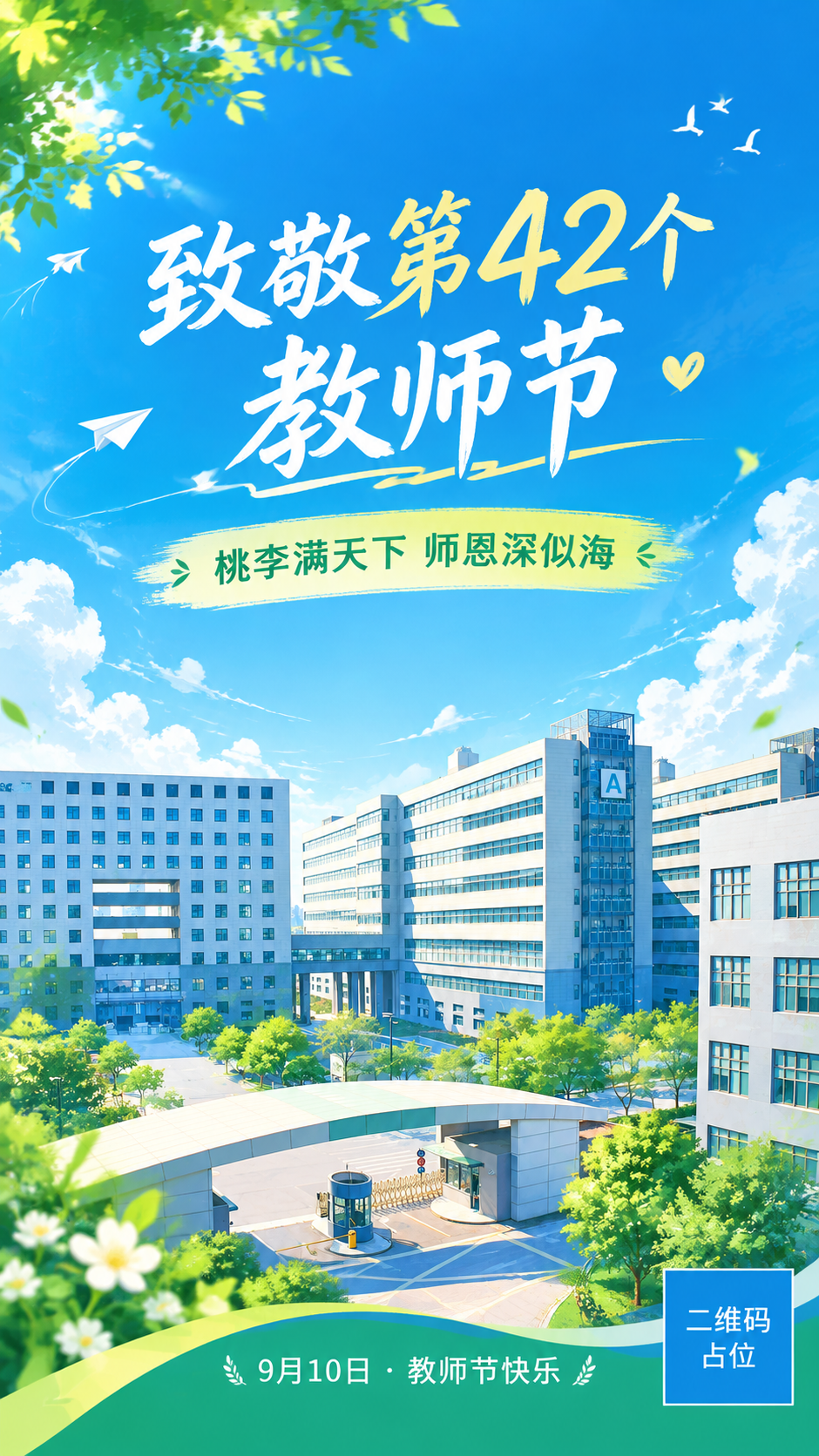 将这张校园建筑照片转换为彩色动漫风格，作为教师节竖版海报的主视… - 图片创意预览