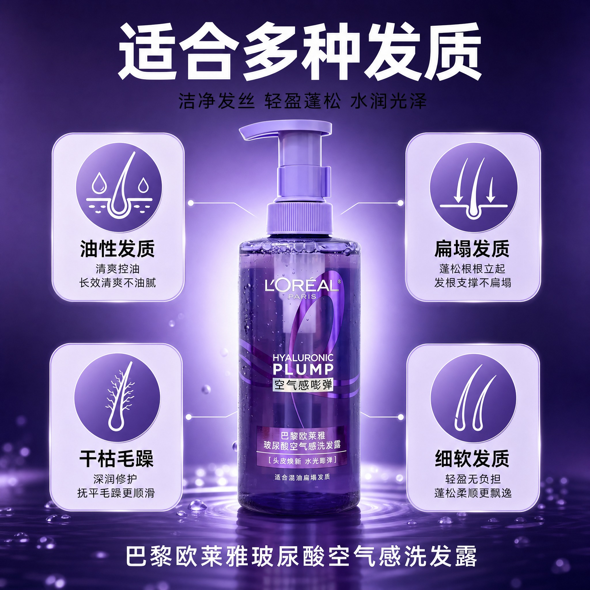 [主图-4] 巴黎欧莱雅玻尿酸空气感洗发露 适用发质说明 混油… - 图片创意预览