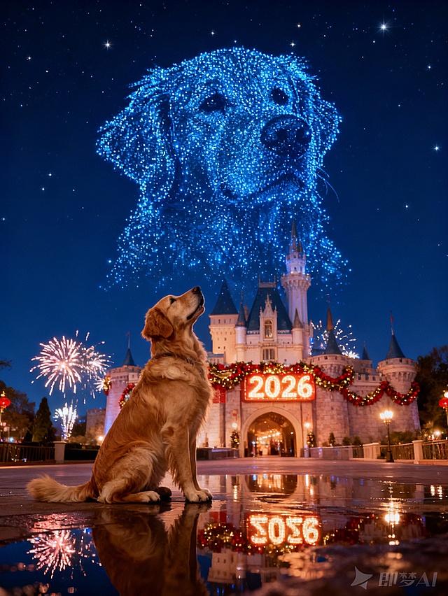 前景：参考图上的动物，蹲坐的姿势，毛发蓬松柔软，仰头望向天空，姿态优雅；
中景：2026跨年夜城堡场景，夜晚深蓝色天幕下，城堡外墙装饰红金新年花环有“2026”发光牌，城堡前的地面有积水（清晰倒映城堡灯光与烟花），整体基调为暖色；由蓝色粒子组成的参照图中的动物头部，占据上空中间四分之三的位置，造型生动梦幻；
背景：深邃夜空，点缀以星星点点的星光；