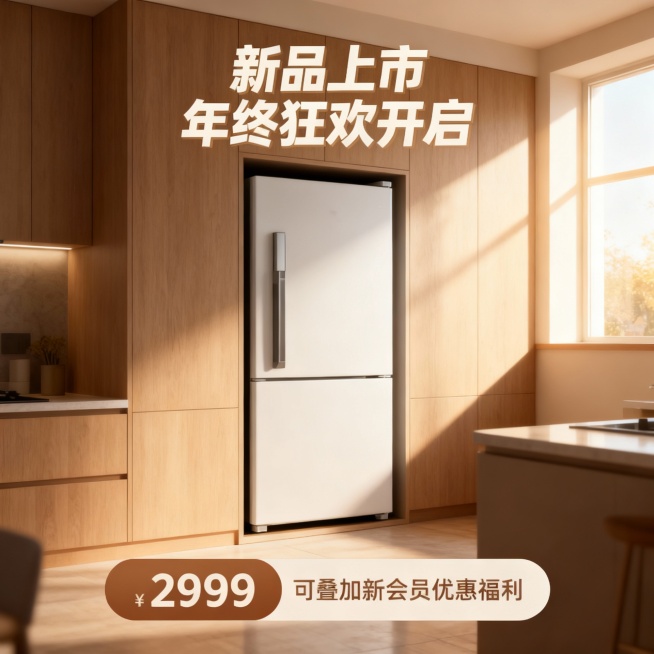 商品被嵌入厨房柜子里，温暖自然的自然打光。商品卖点“新品上市 年终狂欢开启”艺术字小展示。底部装饰棕米白配色文本框，展示文字信息“2999”“可叠加新会员优惠福利”。电商主图商品主图预览效果