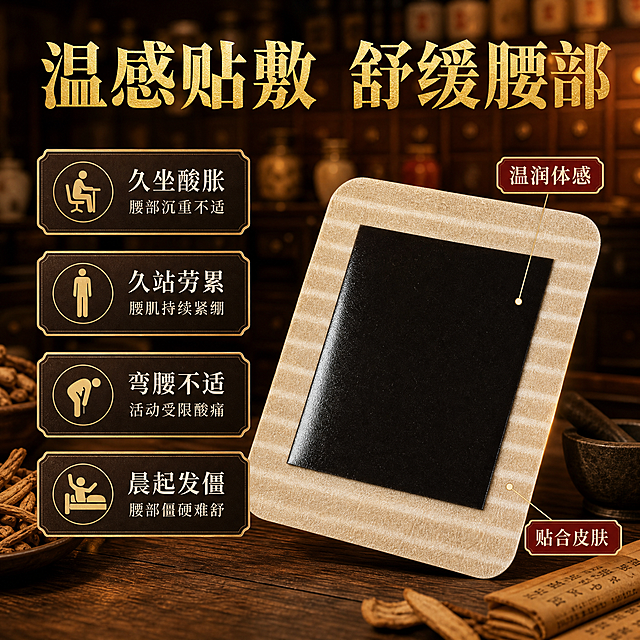 [主图-2] 腰部养护核心卖点图，展示适用场景与温感贴敷体验。
[统一基调] 中式传统中医馆风格，深木色与暖金色为主色调，背景为暖光中药房场景虚化，标题字色为烫金色，辅助文字为米白色，强调色为朱砂红，字体为宋体/书法体结合，信息卡片用深棕底金边样式。
[画面] 画面右侧展示一贴筋骨贴特写（黑膏体朝上，浅棕条纹无纺布边缘，圆角设计清晰），贴剂微微倾斜放置在深色木质台面上。左侧为信息区，用引线从贴剂不同部位引出卖点说明。背景为虚化的中药柜与暖光，保持中医馆氛围。产品占画面约45%。
[光影质感] 商业摄影质感，暖光从右上方照射，膏体表面有温润反光，无纺布纹理清晰可见，底部有柔和接触阴影，整体温暖专业。
[配色] 深木色背景，烫金色标题，米白色说明文字，深棕卡片金边。
[文字版式] 顶部大标题'温感贴敷 舒缓腰部'烫金色粗宋体。下方四个卖点图标加文字竖排排列：1. '久坐酸胀'配坐姿小图标 2. '久站劳累'配站姿小图标 3. '弯腰不适'配弯腰小图标 4. '晨起发僵'配起床小图标。每个卖点用深棕底金边小卡片，米白色文字。右侧贴剂用细引线标注'温润体感'与'贴合皮肤'两处。
[输出要求] 1:1正方形，2048x2048，文字清晰，产品清晰，无变形，无错字，无水印，无平台Logo。