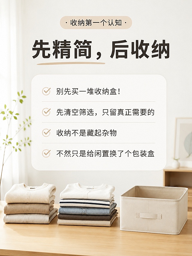 [第2屏] 小红书收纳干货知识点页，讲解收纳第一个认知「先精简后收纳」。
[氛围/风格] 延续第1屏清新治愈家居风，明亮简约，图文排布舒朗，和首屏风格统一。
[元素布局] 顶部为页标题区，下半部分为正文讲解区；背景可搭配清空筛选后整齐的衣物桌面场景，元素包含木质桌面、叠好的衣物、空收纳盒，营造清爽的整理氛围，所有文字清晰不遮挡场景元素。
[光影质感] 左侧自然软光，整体亮度均匀通透，没有明暗死角，文字区域保持清晰可见。
[配色色系] 沿用全局底色 #F5F5F0，主色深灰文字，辅助色浅木色、米白色，和首屏保持一致。
[视角构图] 正面平视，从上至下阅读动线，页标题在上，正文在下分块排布，留白舒适。
[文字版式] 顶部页标题「先精简，后收纳」加粗深色大字；正文分四行展示：「别先买一堆收纳盒！ 先清空筛选，只留真正需要的 收纳不是藏起杂物 不然只是给闲置换了个包装盒」，行间距宽松，字号适合手机阅读，文字不拥挤。
[比例分辨率] 宽度1080px，高度1440px，4K 分辨率，文字清晰可辨，高清画质。
[负向提示词] 文字错乱，文字过小，背景杂乱，颜色刺眼，变形，水印，文字遮挡主体，排版拥挤。