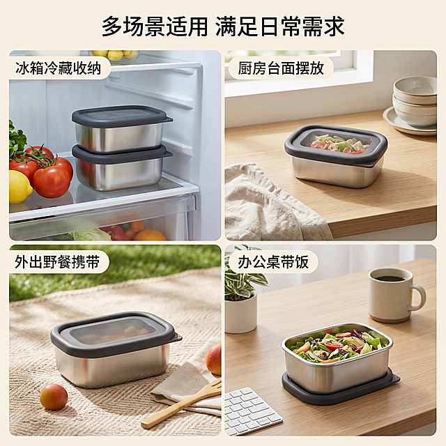 [主图-4] 硅胶盖保鲜盒多场景使用展示。[氛围风格] 家居治愈风，自然生活化。[画质] 商业摄影质感、光线柔和通透、产品清晰真实、画面干净高级。[元素] 使用四宫格布局，每个宫格展示一个使用场景：冰箱冷藏收纳、厨房台面摆放、外出野餐携带、办公桌带饭，每个场景都能看到本款硅胶盖保鲜盒。保持保鲜盒外观与输入产品图绝对一致，杜绝任何变形和色差，精细化处理。整体画面干净和谐，场景生活化不杂乱。[光影] 每个场景都使用柔和自然光，光影统一，整体明亮通透。[配色] 整体浅色系为主，每个场景背景色调统一，保持家居治愈风格。[文字版式] 每个宫格角落标注场景名称，字体小巧不遮挡产品，顶部大标题写「多场景适用 满足日常需求」，居中对齐，简洁清晰。[比例分辨率] 1:1比例，2k分辨率，文字清晰可辨，超高清。[负向提示词] 变形，水印，文字错乱，产品图模糊，背景杂乱