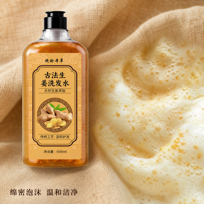[主图-3] 生姜洗发水质地展示图，传统中医药风格，突出真实使用质感。氛围风格：天然草本清爽洁净氛围。画质：商业摄影质感，微距清晰细节，光线柔和通透，画面干净高级。元素：洗发水瓶身放置在画面左侧，右侧预览效果