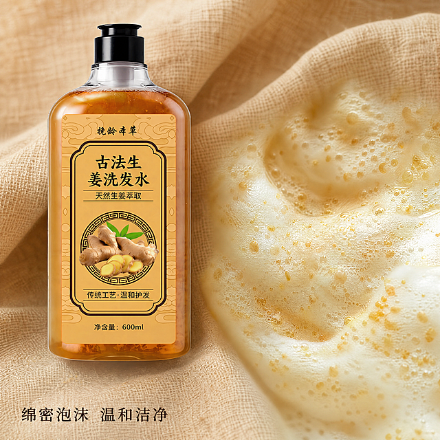 [主图-3] 生姜洗发水质地展示图，传统中医药风格，突出真实使用质感。氛围风格：天然草本清爽洁净氛围。画质：商业摄影质感，微距清晰细节，光线柔和通透，画面干净高级。元素：洗发水瓶身放置在画面左侧，右侧微距特写挤出的洗发水泡沫，绵密奶泡质感，颜色是浅姜黄色，泡沫上点缀细小生姜颗粒。背景是古朴棉麻布料，浅棕色调。保持洗发水产品外观与输入产品图绝对一致，杜绝任何变形和色差，精细化处理。商品主体占比约60%，画面满屏无边框。光影：柔和侧光，突出泡沫绵密细节和洗发水通透感，整体暖调自然。配色：主色调浅棕亚麻色，辅色泡沫姜黄色、瓶身琥珀棕，清新自然。视角构图：左产品右特写二分构图，层次分明。文字版式：左下角小字标注"绵密泡沫 温和洁净"，传统深棕色字体，清晰不遮挡主体。比例分辨率：1:1比例，4k分辨率，文字清晰锐利，超高清。负向提示词：变形，水印，文字错乱，产品图模糊，背景杂乱。