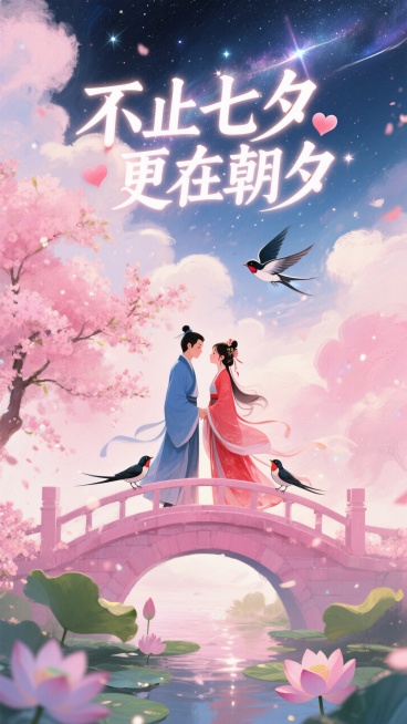 中国古代传统风格，古风情侣身着飘逸古装，深情对视，男子身穿蓝衣，女子身穿红衣。背景是银河，云朵，喜鹊在空中飞翔，画面整体呈现浪漫的粉色调。
一对身着古装的卡通情侣在粉色拱桥上对视牵手，背景有盛开的粉色预览效果