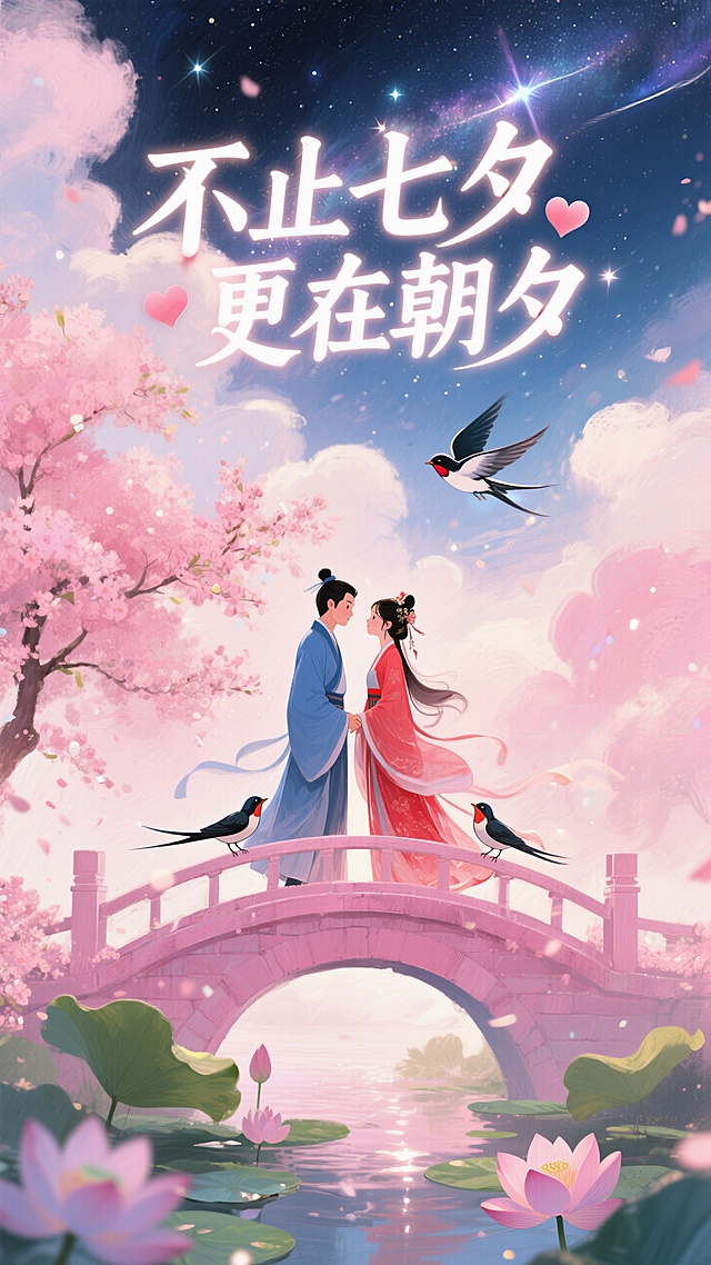 水彩风插画，古典浪漫，梦幻七夕，桥上佳人相依，花鸟相伴，尽显国潮风情。