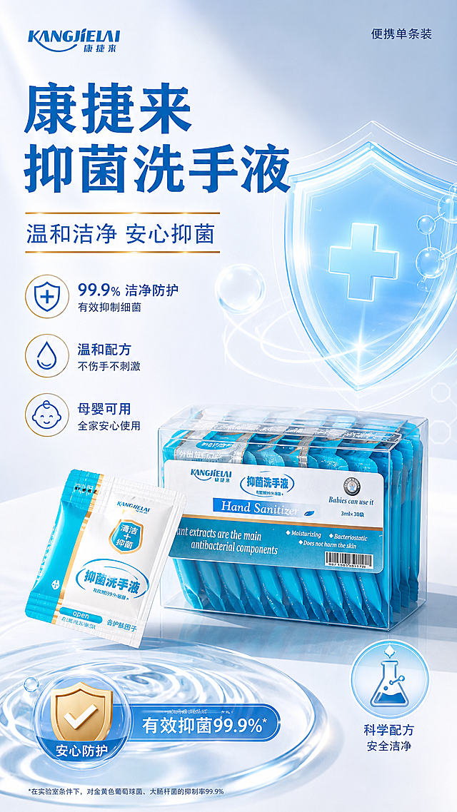 康捷来洗手液安全背书图 9:16 蓝白杂志风