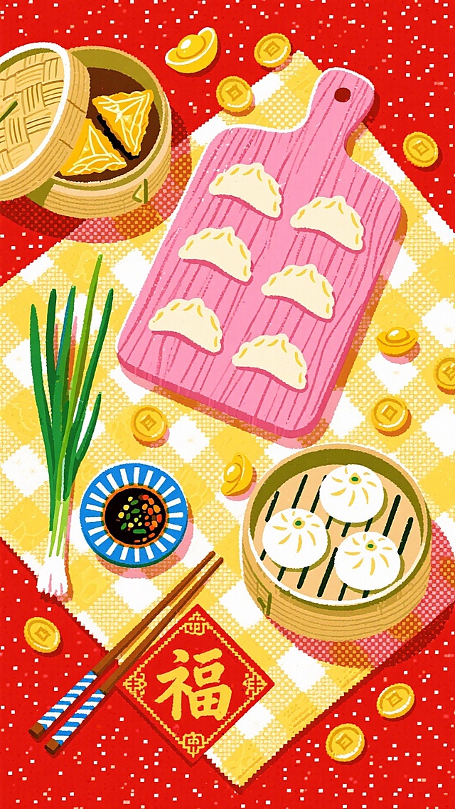 新春美食手绘插画，俯视视角，粉色木纹砧板（在画面正中间，竖摆放）上有八枚饺子，周围分布着竹蒸笼装的金黄三角酥（砧板左上角），竹蒸笼装的四个白蒸包（砧板右下角），还有青绿长葱、带调料的蓝边蘸料碟、木筷，“福”金字的红底金纹正方形点缀画面，一些金色元宝、金币散落在画面中；正红底色，底部衬有黄白格纹餐布；物品密集排布、填满画面，画面饱满，筷子带蓝白条纹装饰