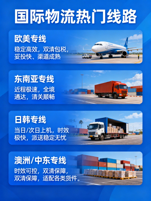 国际物流宣传海报，图文并茂，顶部大标题为"国际物流热门线路"，下方分四个板块清晰展示：
1.欧美专线：稳定高效，双清包税，妥投快、渠道成熟
2.东南亚专线：近程极速，全境通达，清关顺畅
3.日韩专线：预览效果