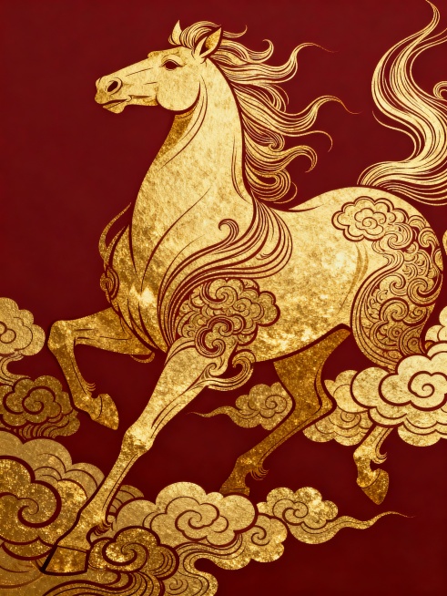 扁平印刷风格，主体为烫金印刷马形与传统祥云纹结合，延续中国新年元素，背景为酒红色。融合索尔·巴斯的动态线条设计，带有流动感；James Jean的神话插画风格体现在祥云纹的精细装饰上，整体风格统一且富预览效果