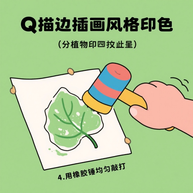 1.将植物浸泡在水（或盐水）中约20分钟
2.拿出浸泡好的植物擦干，摆在需要拓染的纸上
3.用胶带将植物固定在纸上
4.用橡胶锤均匀敲打
5.取下胶带晾干作品，每一步生成一张图预览效果