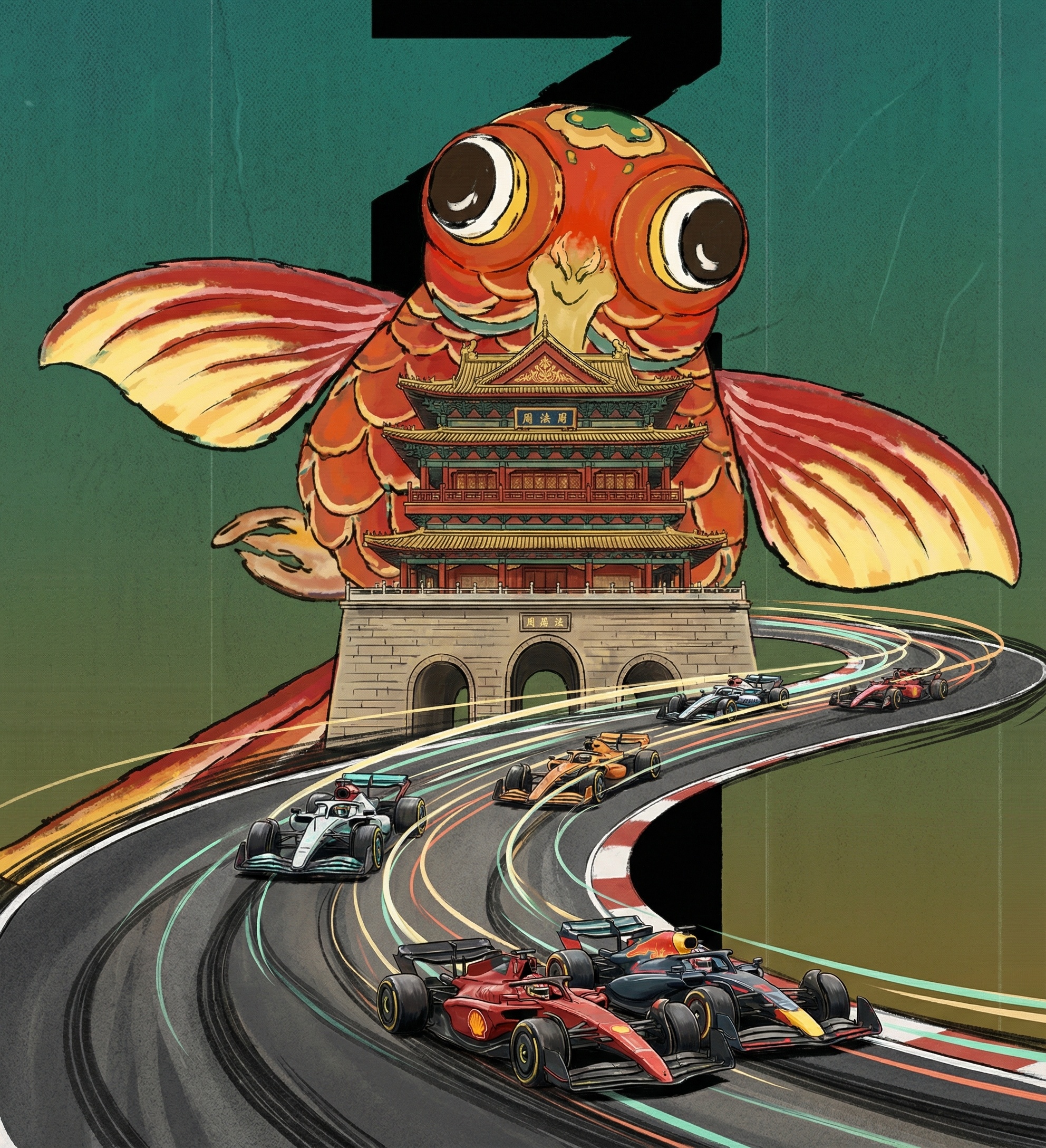 将画面替换为州桥法华塔和F1赛车元素 - 图片创意预览
