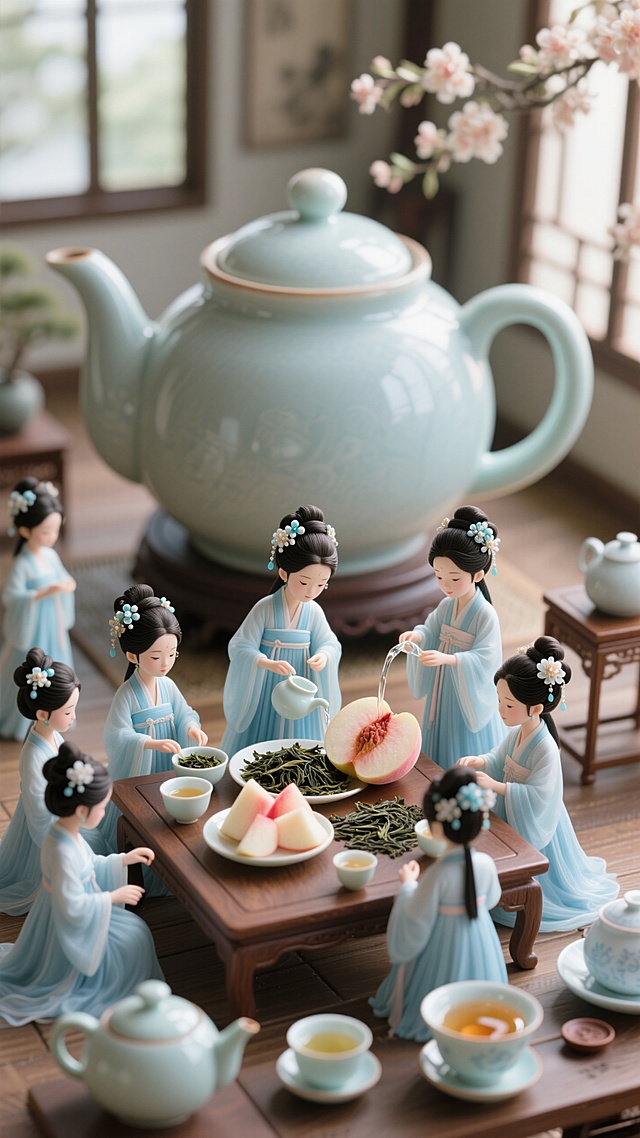巨大的茶壶和茶杯成为视觉焦点，十几个穿着淡蓝色飘逸汉服盘发点缀着同色系珠花，绢花发饰的迷你小美女在巨大的桌子前制作蜜桃乌龙茶。有的小美女将炒好的茶叶放进巨大的茶壶里，有的小美女把切好的巨大蜜桃块也放入茶壶，还有的小美女往茶壶里倒入热水。巨大的茶壶和茶杯摆在桌子上，周围放着各种茶具。背景是布置雅致的茶室，窗户透进柔和的光线。