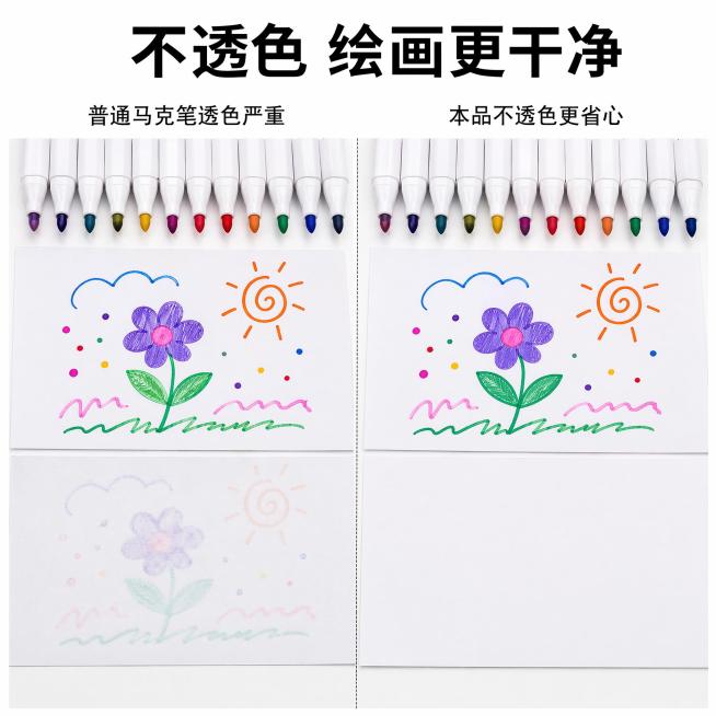 [主图-2]丙烯马克笔核心卖点效果展示图
[氛围风格] 真实直观对比展示，清晰有说服力
[画质] 商业摄影质感，对比清晰，细节锐利
[元素] 左右分屏对比展示，保持马克笔外观和用户输入图片一致，不变形预览效果