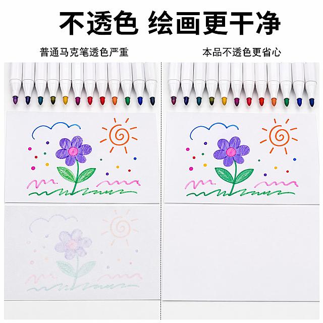 [主图-2]丙烯马克笔核心卖点效果展示图
[氛围风格] 真实直观对比展示，清晰有说服力
[画质] 商业摄影质感，对比清晰，细节锐利
[元素] 左右分屏对比展示，保持马克笔外观和用户输入图片一致，不变形。左侧展示普通马克笔透色效果，纸张背面透色明显；右侧展示本品丙烯马克笔，相同纸张背面完全干净不透色，直观对比突出不透色卖点。背景白色干净，左右对比对称平衡，商品主体占比约70%
[光影] 均匀柔和布光，纸张纹理和透色效果清晰可见，对比明确
[配色] 背景干净白色，马克笔本身鲜艳色彩突出对比
[视角构图] 正面平视对称构图，左右对比一目了然，分区分明
[文字版式] 顶部大标题"不透色 绘画更干净"，黑色粗体；左侧小字"普通马克笔透色严重"，右侧小字"本品不透色更省心"，深色文字清晰对比
[输出要求] 1:1比例，2048px宽 * 2048px高，文字清晰可辨，超高清商业摄影质感
[负向提示词] 变形，文字错乱，产品图模糊，背景杂乱，水印，电商平台Logo，夸张过度
