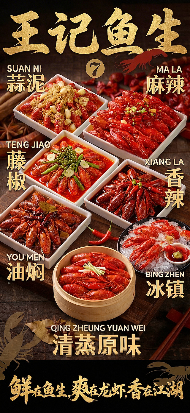 将这张海报里藤椒龙虾盘子里的绿色汤汁替换为红色红油汤汁，冰镇龙虾的盘子里添加更多龙虾，保持海报其他所有内容、文字、风格完全不变。