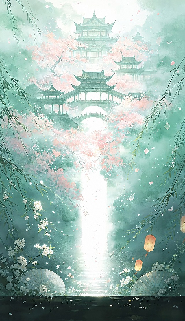 仅做一处修改：完整去掉画面下方中央的白衣长发人物背影，人物及其衣影、发丝、投影全部移除，不出现任何人物、人体、剪影或残影；人物原来占据的区域用延伸的白色光路、石阶与飘落花瓣自然补全，与周围保持连续。其余画面严格保留原样：原有的青绿/叠青冷色调与雾气质感不变，不加暖色；远景多层中式楼阁与拱桥、上下垂的柳条、粉色花树、白色花朵、圆扇形装饰、漂浮的灯笼、中央白色光路的纵深透视、二维国风手绘插画笔触全部与原图一致，构图、比例、光影与色调都与原图保持完全相同。