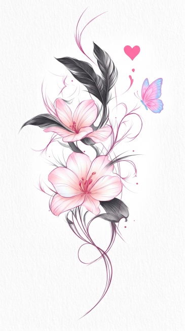 重新生成：将藤蔓花卉纹身渲染为可爱饱和鲜艳彩色，两朵花花瓣白渐变浅粉色，花心粉色花蕊玫红色，羽毛深黑灰色，爱心亮粉色，在右上角爱心空白处新增一只可爱小蝴蝶，蝴蝶做粉蓝渐变带淡纹理，和整体温柔可爱风格统预览效果