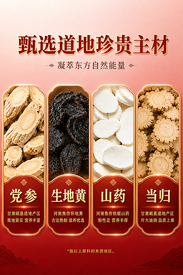 重新设计排版，将四种药材改为横向左右排列，每味药材占一列，每个区域包含药材切片图+名称+产地介绍，保持整体主题标题：甄选道地珍贵主材，凝萃东方自然能量不变，保持淡红到深红渐变背景，红金配色，高端养生风格不变，文字清晰，每种药材切片展示清晰，排版均衡舒展，4K高清。