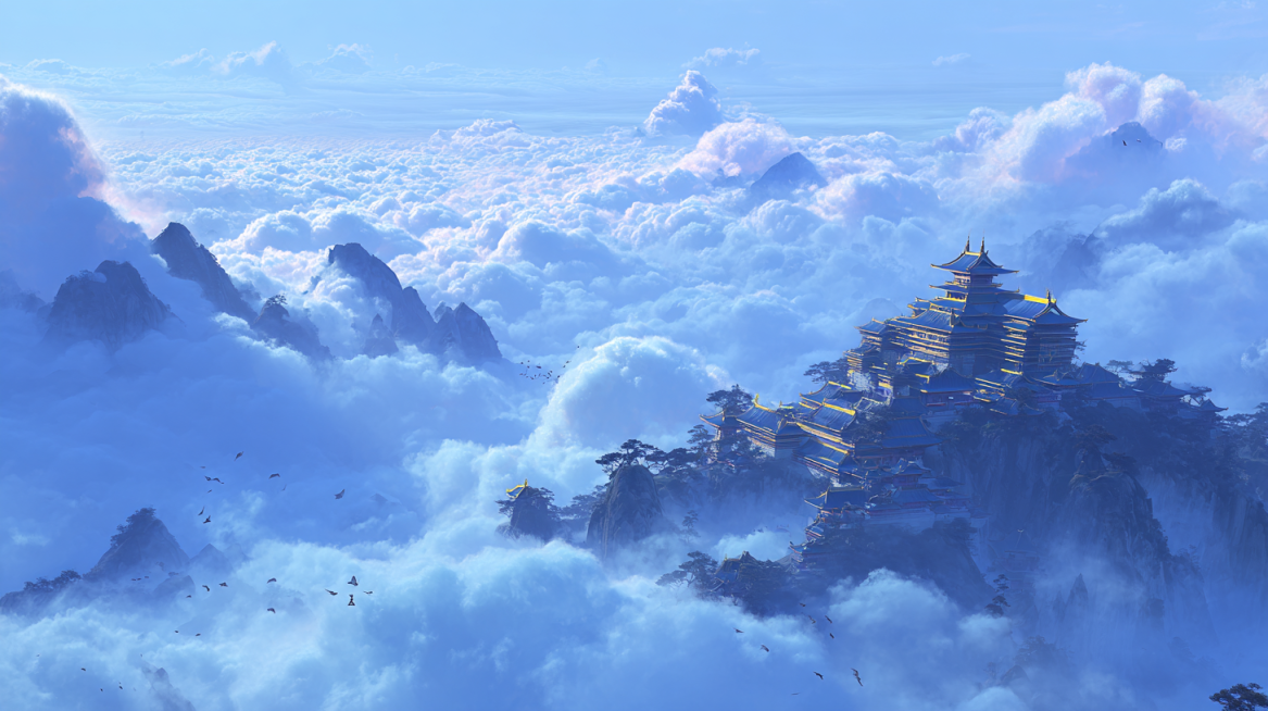 Oriental immortal cultivation world, high-altitude overlooking perspective, layers of rolling thick预览效果