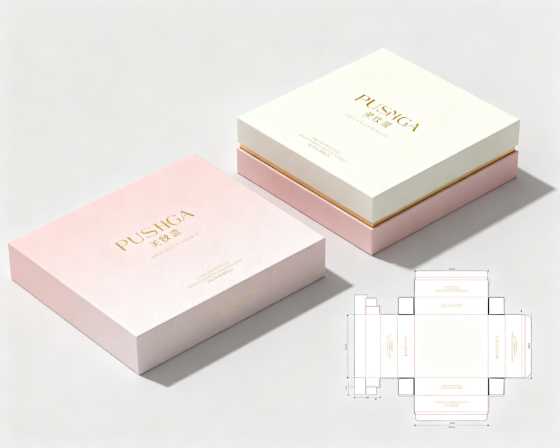 高端美妆礼盒包装设计，简约轻奢风格，磨砂质感，烫金工艺细节，浅粉搭配米白配色方案，高级简约排版，同时展示礼盒正面效果图和盒型展开图，平面印刷风格，清晰的刀版结构，适合量产，精致细节处理，无渐变效果，强预览效果