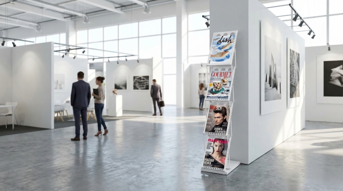 保持杂志架和杂志上原有文字和Logo不变，保持杂志架主体物理结构不变，把这个杂志架放在明亮的展览馆室内，场景真实自然，画面明亮清晰，真实摄影风格预览效果