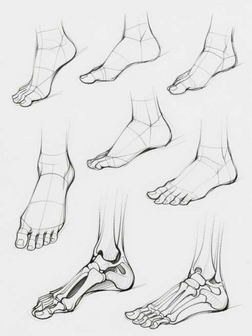 一组不同角度和姿态的脚部结构素描练习，线条流畅且富有动态感，以简洁的几何块面和穿插线条表现脚踝、足弓、脚趾的骨骼与肌肉结构关系，整体呈现出清晰的人体解剖学研究特征，所有脚部素描以不规则排列方式分布在纯白色背景上，画面干净无其他元素干扰。预览效果