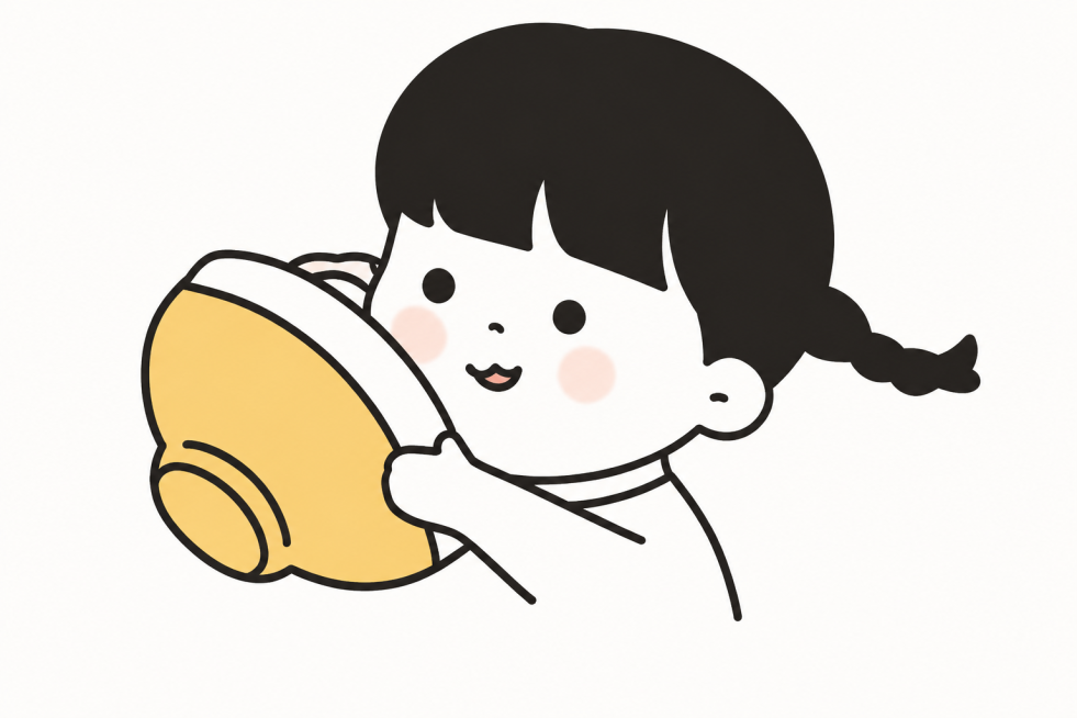 生成和参考图一模一样的高清插画，保留扎马尾女孩抱着黄色海螺的可爱简笔画风格，提升清晰度预览效果