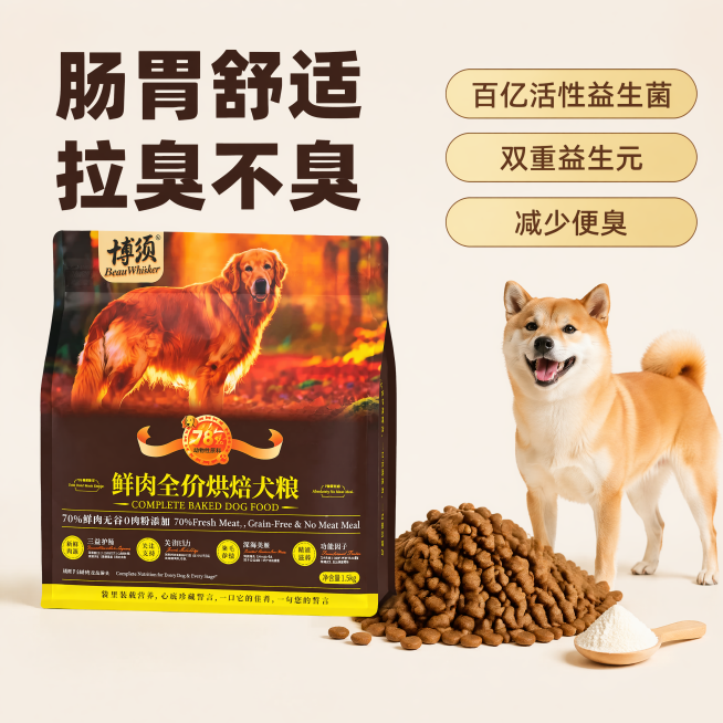 鲜肉全价烘焙犬粮肠胃卖点主图，干净极简风，商业摄影质感，光线明亮柔和。画面左下100%保留用户原版犬粮包装袋，所有文字图案产品造型完全不修改，保留所有包装细节无变形色差。画面右侧展示特写的犬粮颗粒堆，预览效果