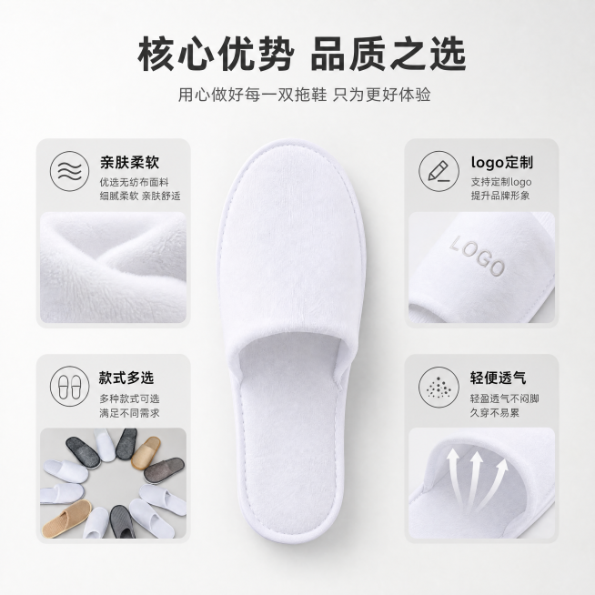 [主图-2] 一次性拖鞋核心卖点展示
[氛围风格] 简约干净品质感，酒店风氛围
[画质] 商业摄影质感，产品清晰真实，画面干净高级，光线通透
[元素] 保持拖鞋产品外观与输入图一致，一款白色拖鞋居中展预览效果