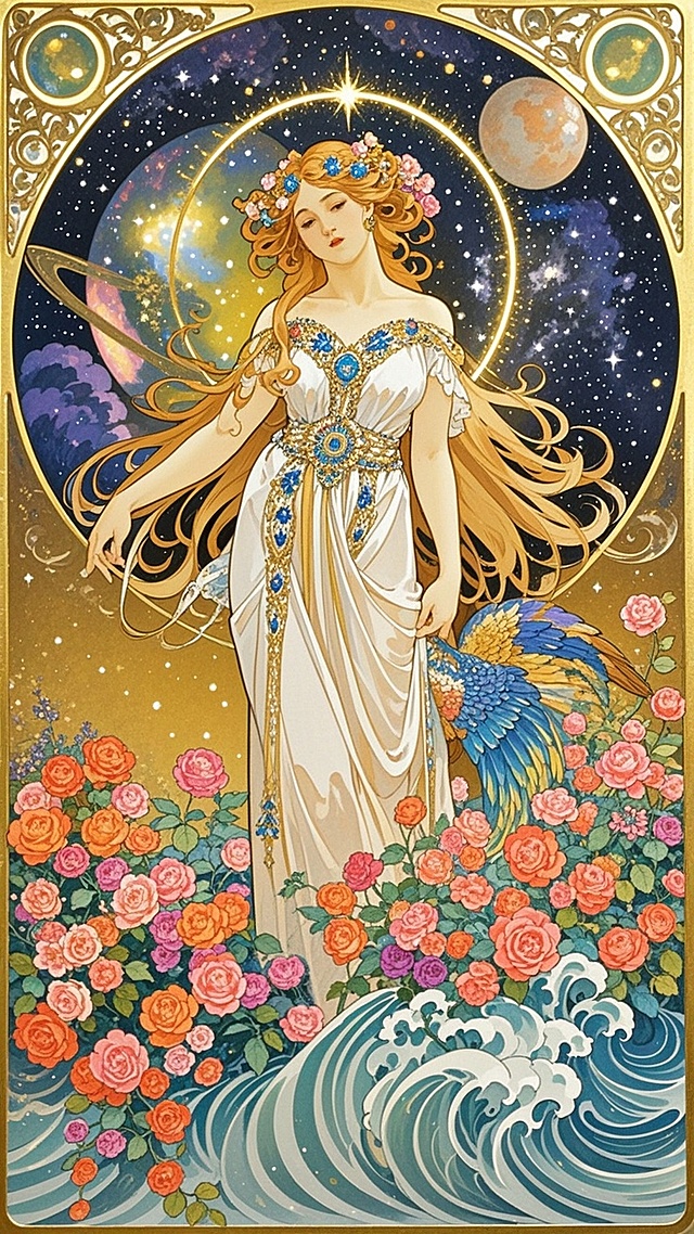 穆夏风梦幻女子，鎏金边框，花海与星月交织，超现实主义优雅。