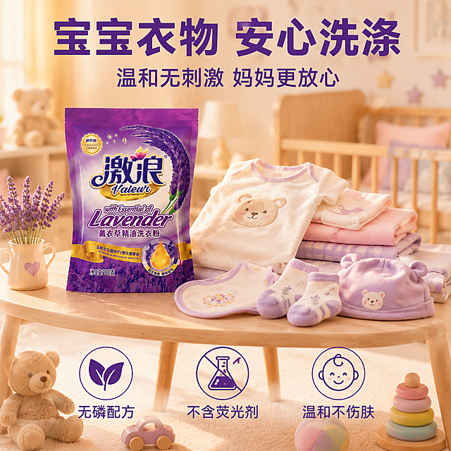 [主图-19] 儿童衣物温和洗涤场景图，宝宝衣物安全放心。
[氛围风格] 温馨可爱风，儿童房氛围，柔和温暖，安全感。
[画质] 商业摄影质感，暖光柔和，衣物可爱，画面温馨。
[元素] 温馨的儿童房/婴儿房场景，木质小桌上放着激浪薰衣草精油洗衣粉包装袋，旁边叠放着可爱的婴儿衣物：小熊图案连体衣、小袜子、小帽子、围嘴等，颜色粉嫩柔和。背景有婴儿床、毛绒玩具熊、薰衣草装饰小花瓶。柔和的暖黄色灯光。地上有几个可爱的儿童玩具。**保持洗衣粉包装袋外观（即物理结构、材质质感、颜色、图案文字）与输入产品图完全一致，杜绝任何变形和色差，精细化处理**，产品自然放置在儿童桌上。
[光影] 暖黄色柔和灯光，整体温馨明亮，阴影柔和，儿童房氛围浓厚。
[配色] 主色调淡粉+淡紫+米白，柔和温馨，可爱感。
[视角构图] 平视微俯角度，儿童桌上的产品和衣物为主体，背景虚化婴儿房，层次温馨。
[文字版式] 顶部大标题"宝宝衣物 安心洗涤"深紫色粗体无衬线居中最大号。副标题"温和无刺激 妈妈更放心"中号深紫色居中。底部三列保障："无磷配方""不含荧光剂""温和不伤肤"，每列配小图标，深紫色文字。文字清晰温暖。
[输出要求] 1:1比例，文字清晰可辨，超高清商业摄影质感。
[负向提示词] 变形，文字错乱，产品图模糊，背景杂乱，水印，电商平台Logo，多余的手，畸形手。
