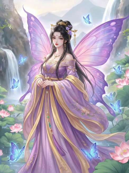 「图片1」类似画风的古装女子图，蝴蝶仙子，巨大渐变紫粉蝴蝶翅膀，紫黄古风露肩服饰，黑色长发配金色发饰，周围环绕蓝色蝴蝶，仙气梦幻预览效果