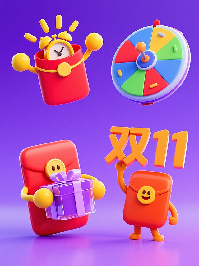 4个物品组合，紫色渐变背景，上下两行，排列整齐，高饱和度配色。左上角第一个：主体为拟人化红包两侧有黄色球状手臂，红包冒出一个黄色闹钟；右上角第二个：一个飞碟造型的彩色转盘；左下角第三个：主体为拟人化红包两侧有黄色球状手臂，抱着一个透明紫色礼盒；右下角第四个：主体为拟人化红包两侧有黄色球状手臂举着双11立体字