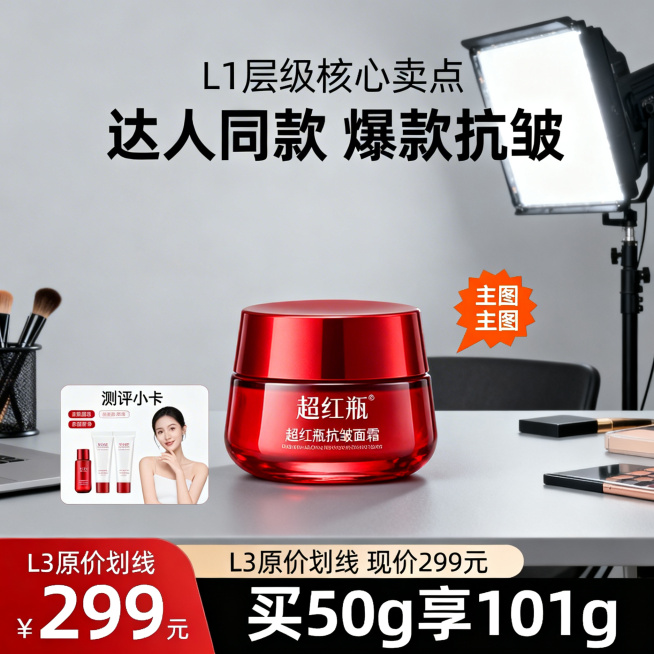 超红瓶抗皱面霜电商主图，1:1比例，美妆博主测评桌面场景，浅灰色桌面搭配补光灯背景，产品居中完整展示，旁边搭配测评手卡、小样周边，顶部L1层级核心卖点用醒目字体标注“达人同款 爆款抗皱”，底部L3层级预览效果