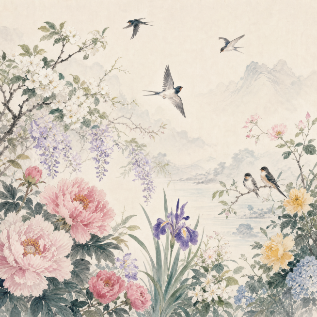 5月花鸟风景图，国画风格，各类花卉飞鸟，画面清新雅致，不包含任何文字，背景风格与1月近似统一预览效果