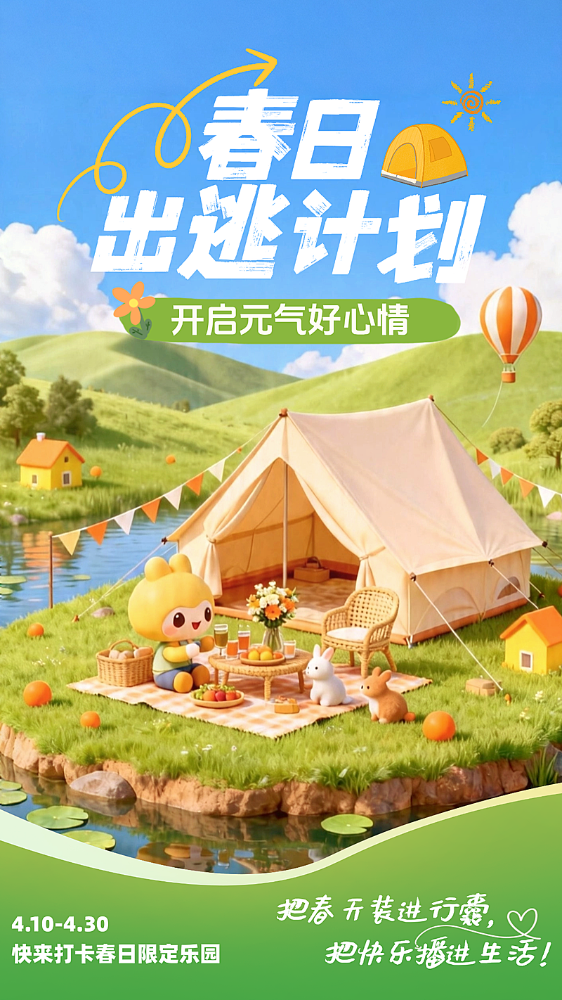 春日游玩露营绿色3d可爱插画风格竖版海报